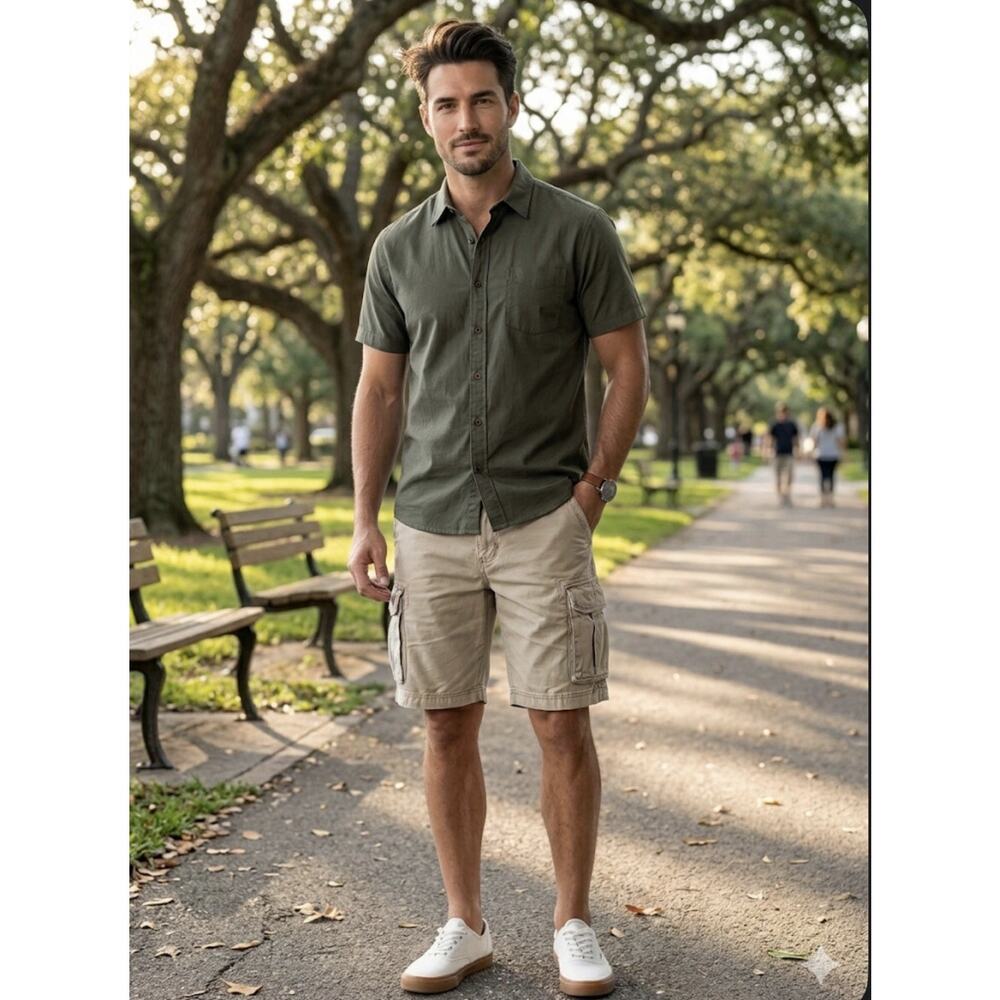 Vintage Y2K Express Cargo Shorts Classic Fit Outdoor Utility Pockets Beige 36